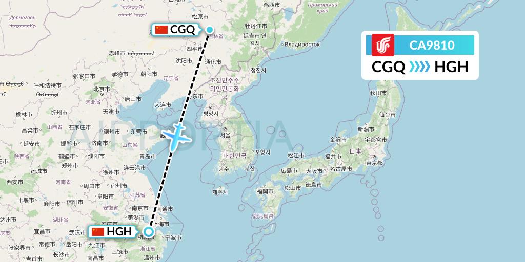 CA9810 Air China Flight Map: Changchun to Hangzhou