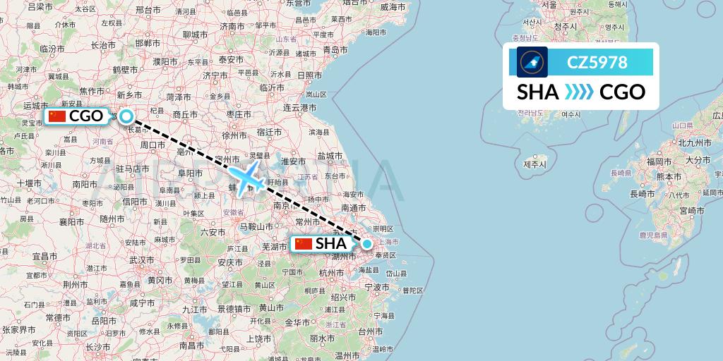 CZ5978 China Southern Airlines Flight Map: Shanghai to Zhengzhou