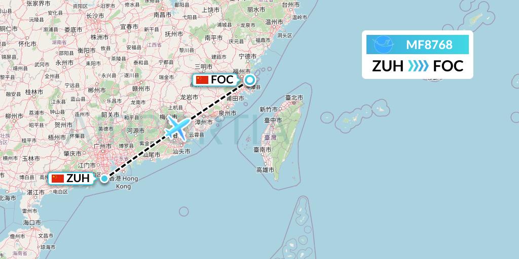 MF8768 Xiamen Airlines Flight Map: Zhuhai to Fuzhou
