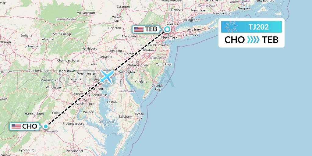 TJ202 Tradewind Aviation Flight Map: Charlottesville to Teterboro