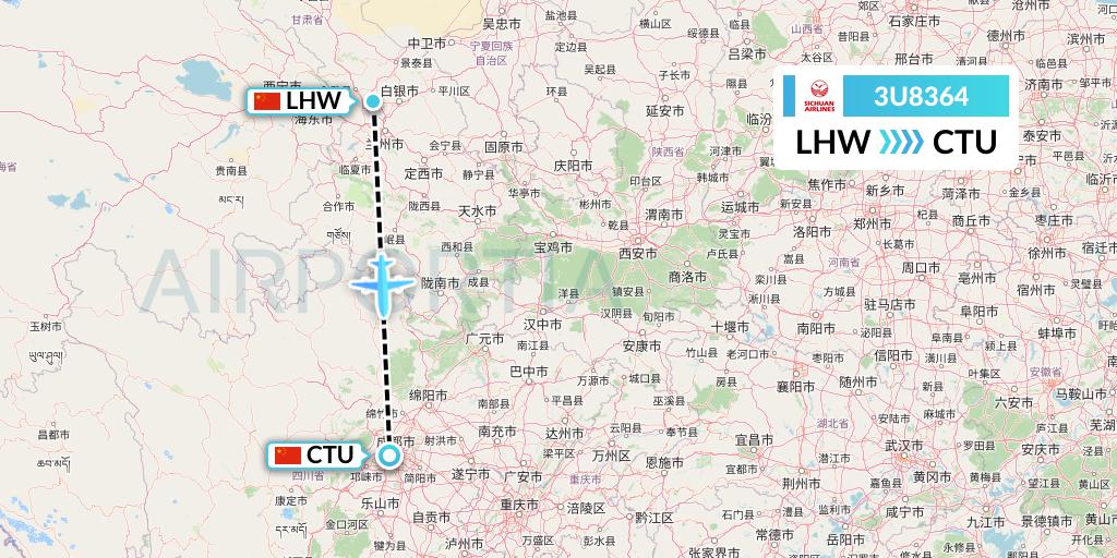 3U8364 Sichuan Airlines Flight Map: Lanzhou to Chengdu