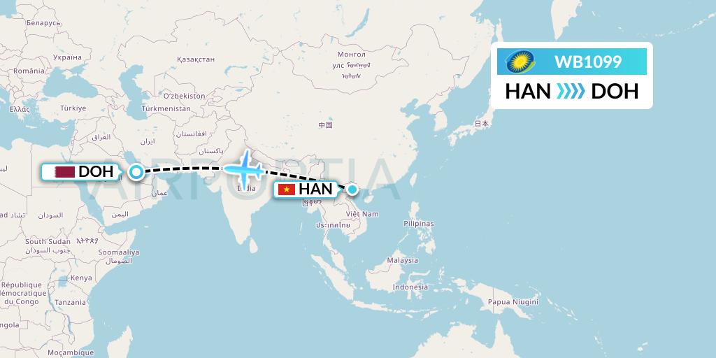 WB1099 RwandAir Flight Map: Hanoi to Doha