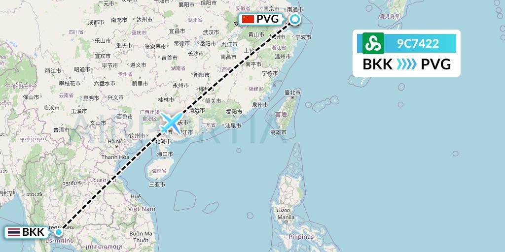 9C7422 Spring Airlines Flight Map: Bangkok to Shanghai