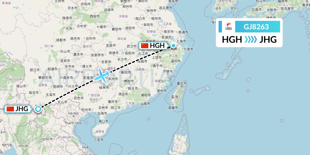 GJ8263 Loong Airlines Flight Map: Hangzhou to Jinghong