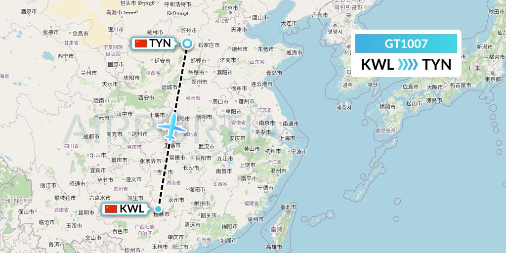 GT1007 Air Guilin Flight Map: Guilin to Taiyuan