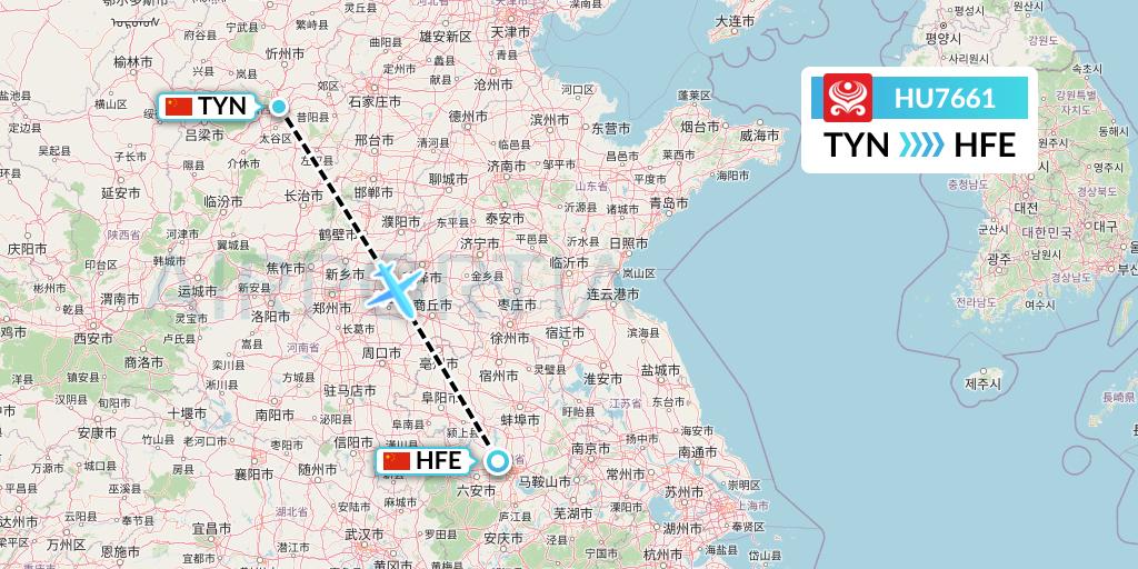 HU7661 Hainan Airlines Flight Map: Taiyuan to Hefei