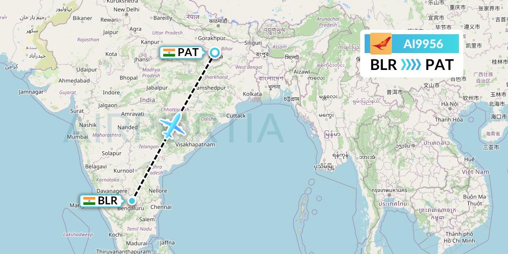 AI9956 Air India Flight Map: Bangalore to Patna