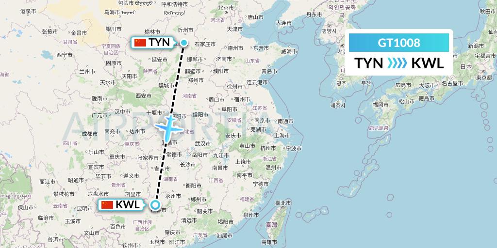 GT1008 Air Guilin Flight Map: Taiyuan to Guilin