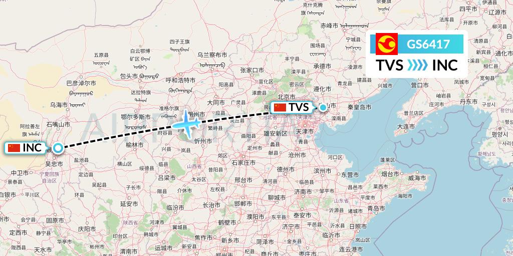 GS6417 Tianjin Airlines Flight Map: Tangshan to Yinchuan