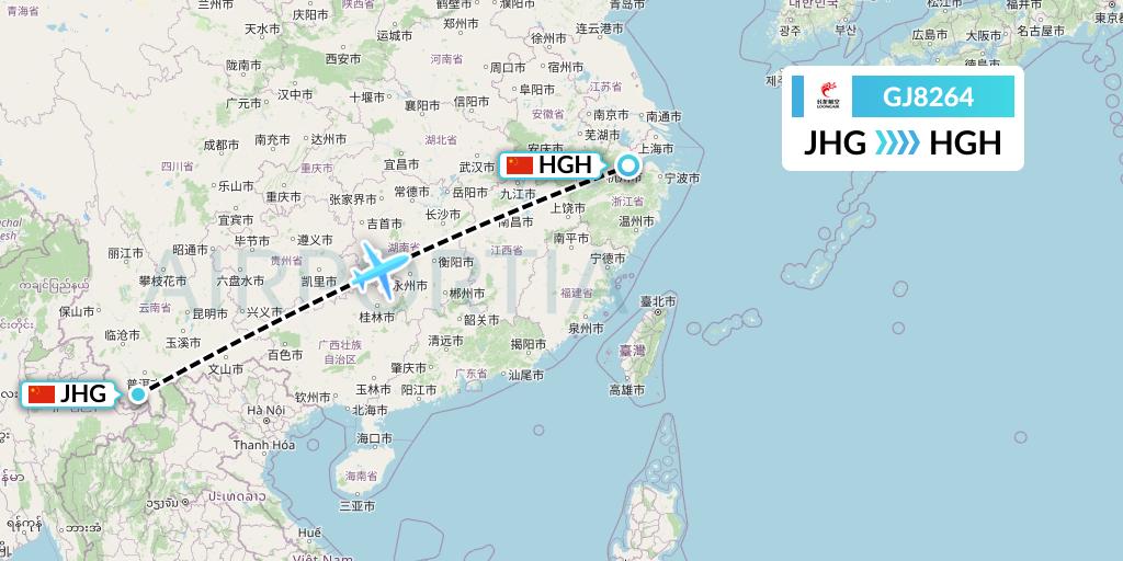GJ8264 Loong Airlines Flight Map: Jinghong to Hangzhou