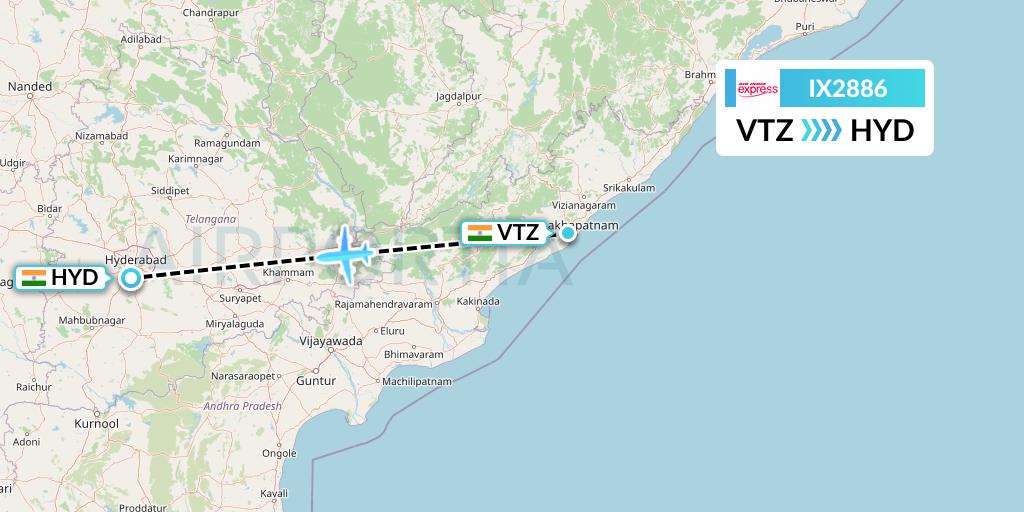 IX2886 Air India Express Flight Map: Visakhapatnam to Hyderabad