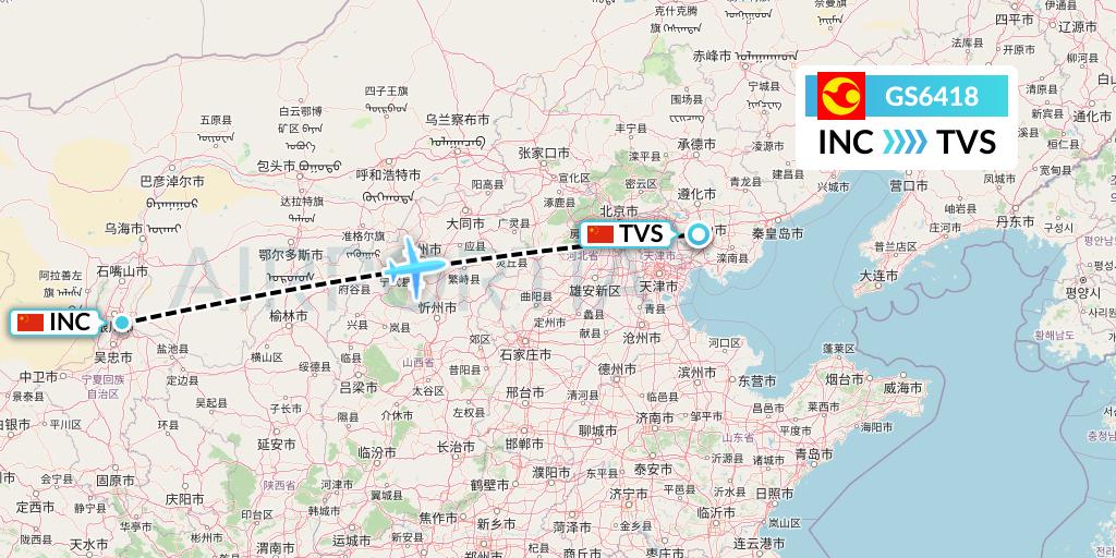 GS6418 Tianjin Airlines Flight Map: Yinchuan to Tangshan