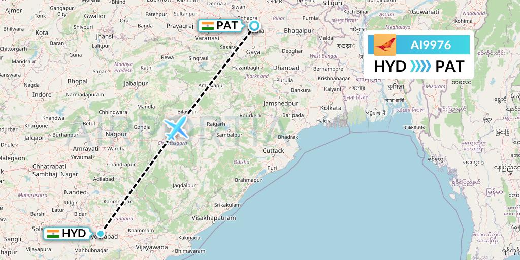AI9976 Air India Flight Map: Hyderabad to Patna