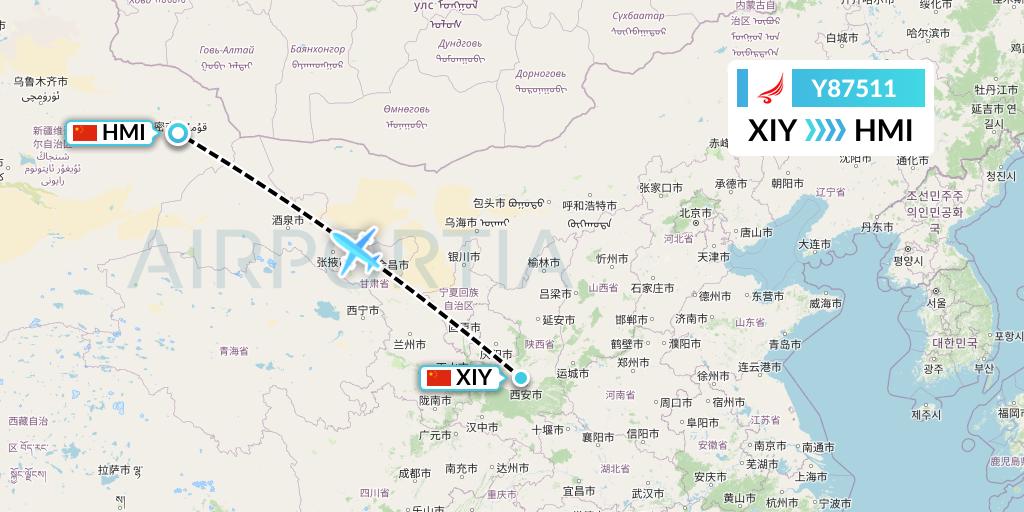 Y87511 Yangtze River Express Flight Map: Xi'an to Hami City