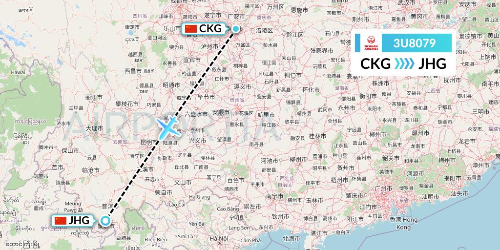 3U8079 Sichuan Airlines Flight Map: Chongqing to Jinghong