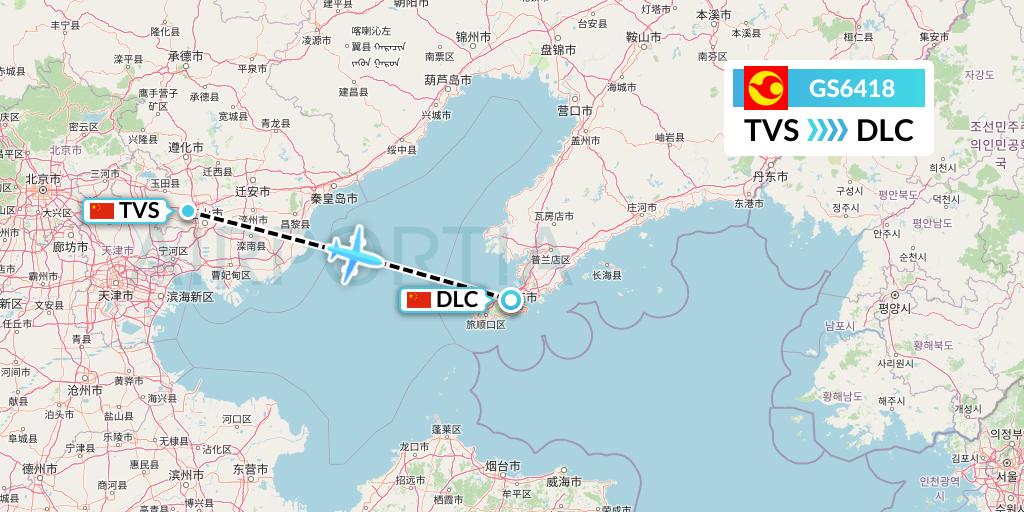 GS6418 Tianjin Airlines Flight Map: Tangshan to Dalian