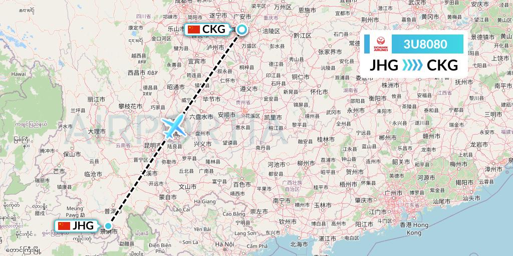 3U8080 Sichuan Airlines Flight Map: Jinghong to Chongqing