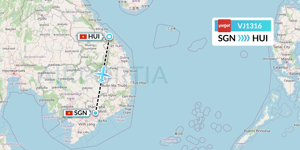 VJ1316 VietJet Air Flight Map: Ho Chi Minh City to Hue