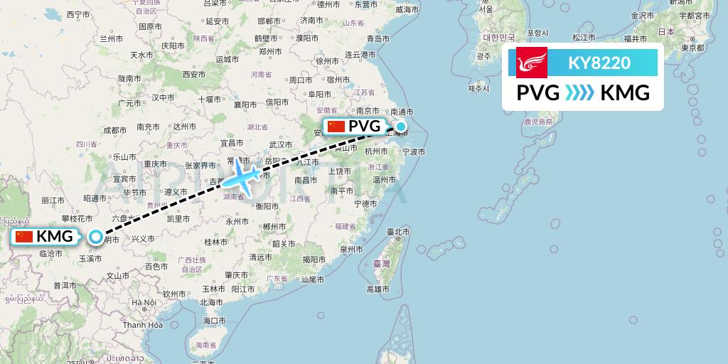 KY8220 Kunming Airlines Flight Map: Shanghai to Kunming