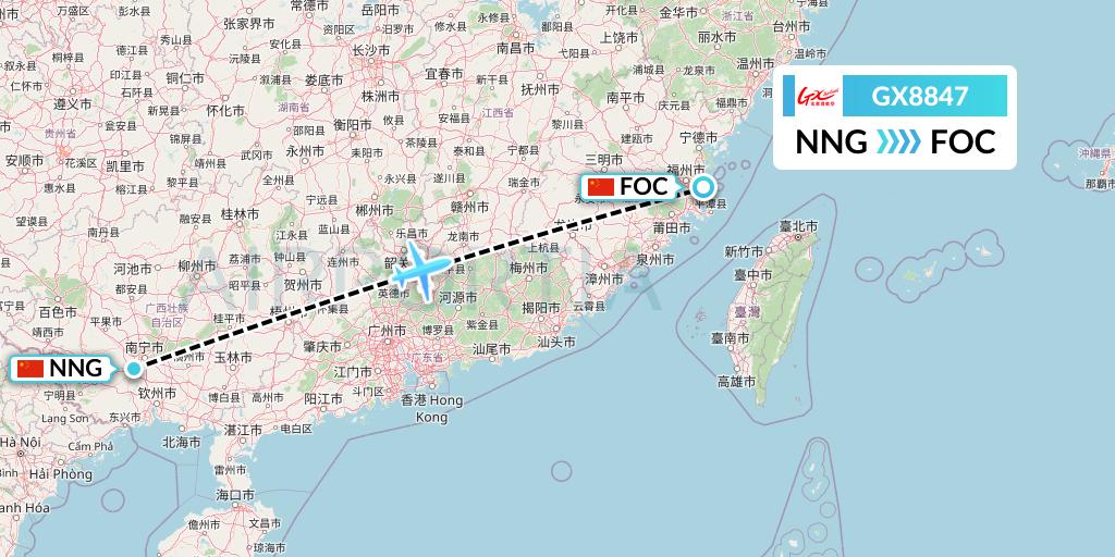 GX8847 GX Airlines Flight Map: Nanning to Fuzhou