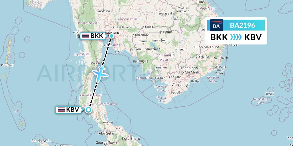 BA2196 British Airways Flight Map: Bangkok to Krabi