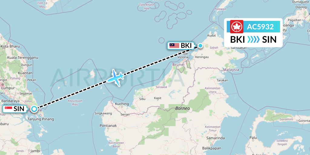 AC5932 Air Canada Flight Map: Kota Kinabalu to Singapore