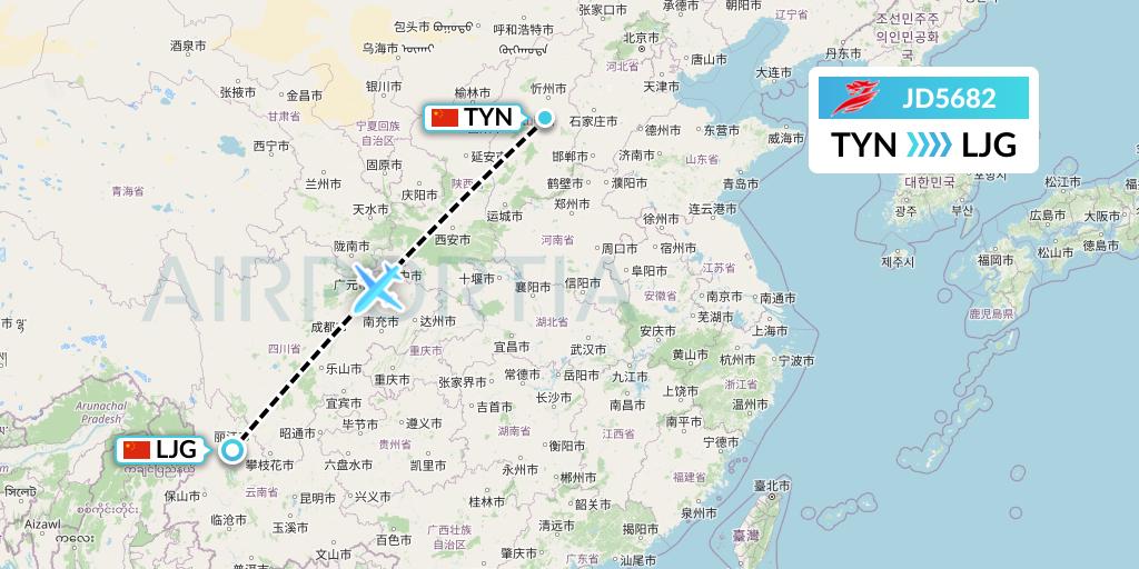 JD5682 Capital Airlines Flight Map: Taiyuan to Lijiang