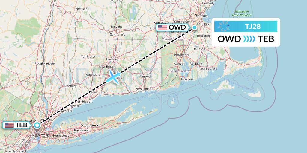TJ28 Tradewind Aviation Flight Map: Norwood to Teterboro