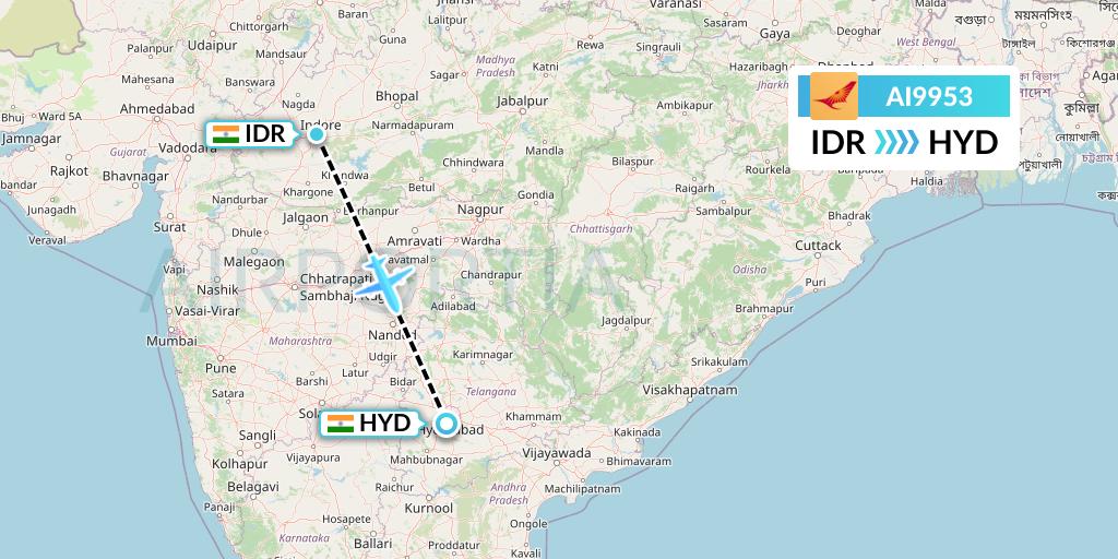 AI9953 Air India Flight Map: Indore to Hyderabad