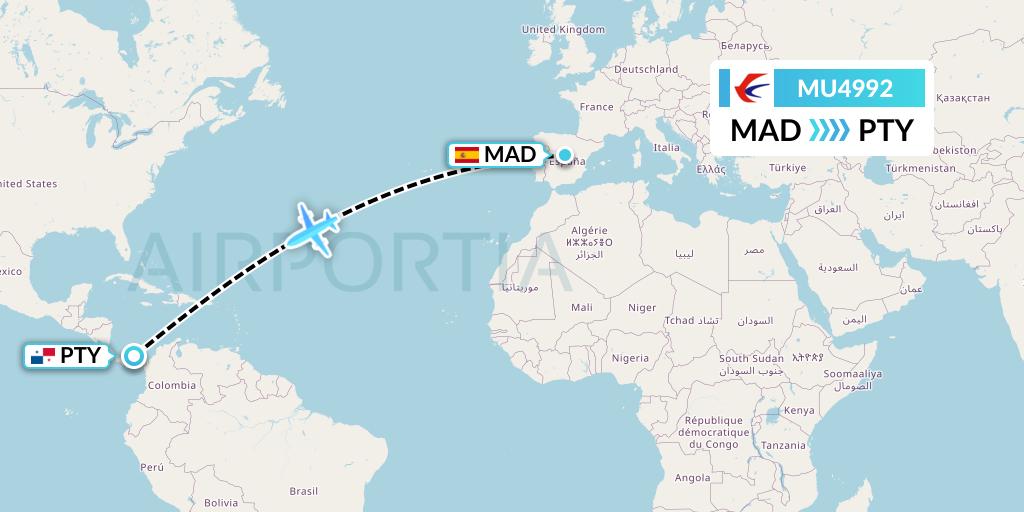 MU4992 China Eastern Airlines Flight Map: Madrid to Panama City