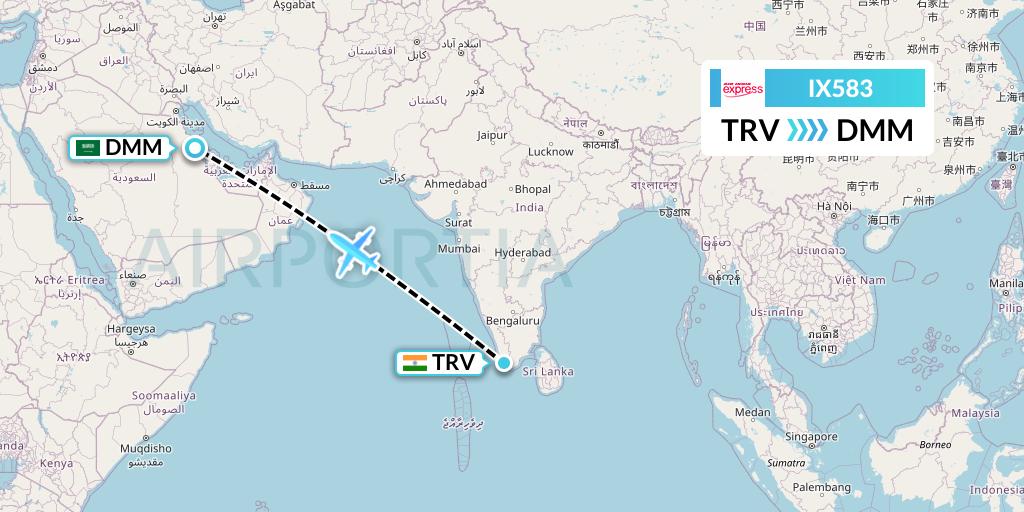 IX583 Air India Express Flight Map: Thiruvananthapuram to Dammam