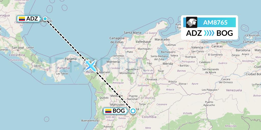 AM8765 Aeromexico Flight Map: San Andres Island to Bogota