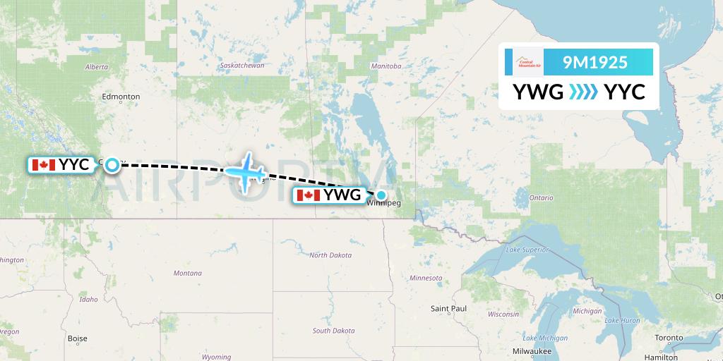 9M1925 Central Mountain Air Flight Map: Winnipeg to Calgary