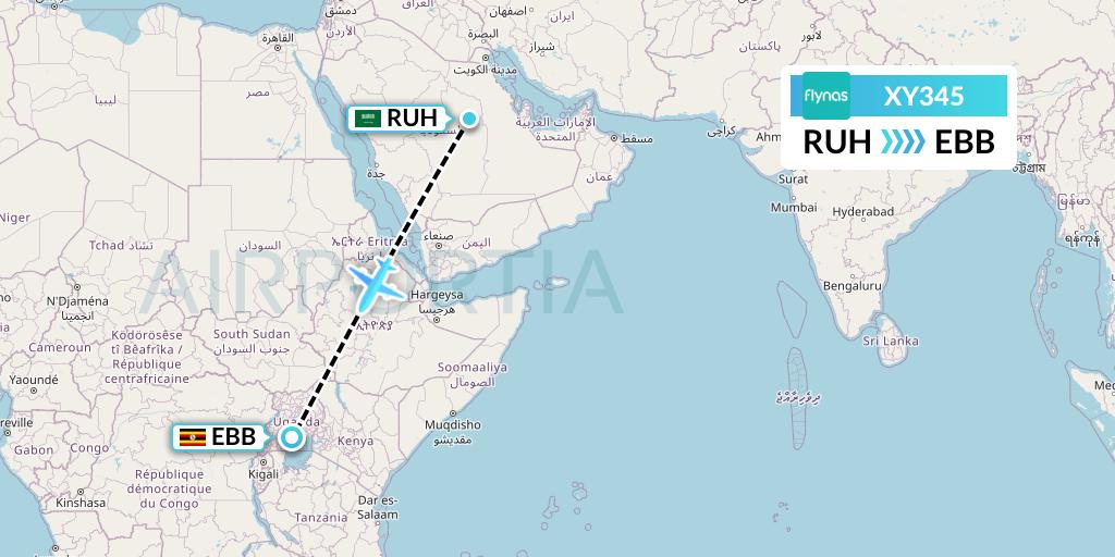 XY345 Flynas Flight Map: Riyadh to Entebbe