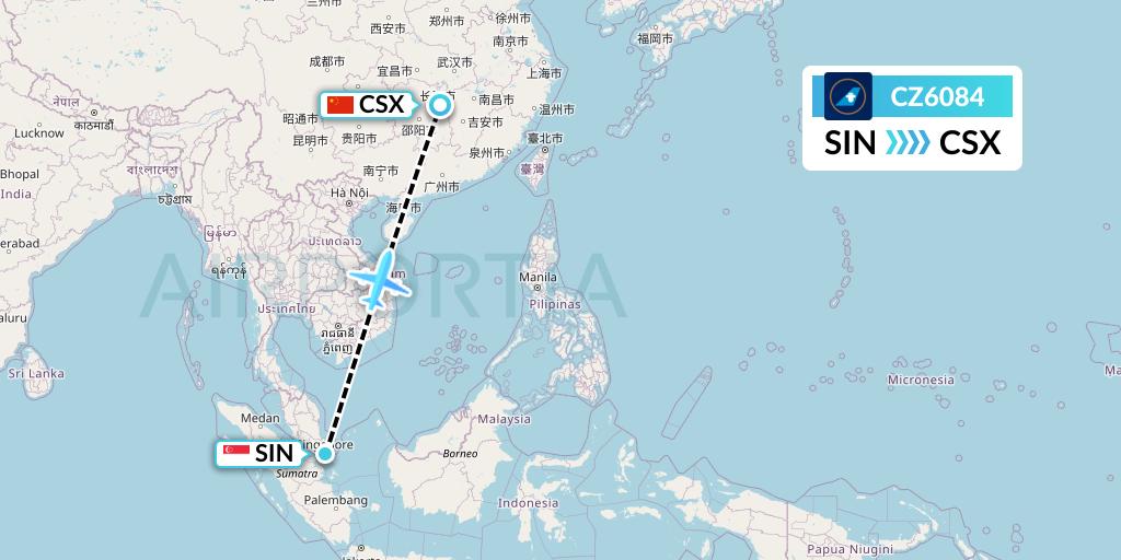 CZ6084 China Southern Airlines Flight Map: Singapore to Changsha