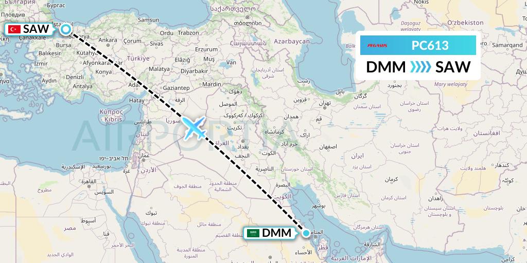 PC613 Pegasus Airlines Flight Map: Dammam to Istanbul