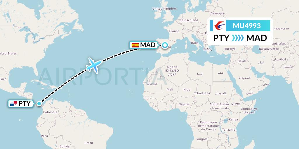 MU4993 China Eastern Airlines Flight Map: Panama City to Madrid