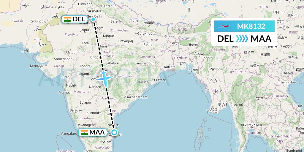 MK8132 Air Mauritius Flight Map: Delhi to Chennai