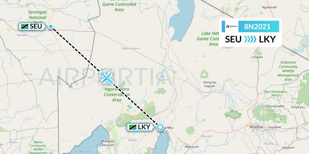 8N2021 Regional Air Services Flight Map: Seronera to Lake Manyara National Park