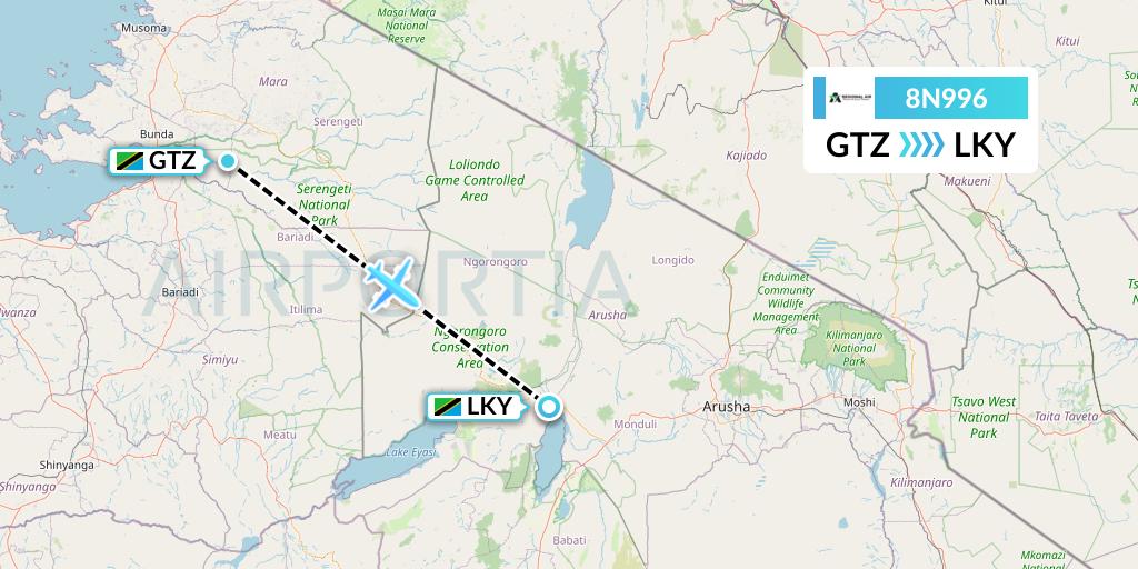 8N996 Regional Air Services Flight Map: Bunda to Lake Manyara National Park