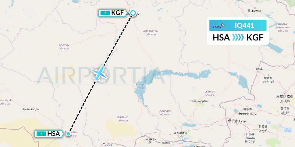 IQ441 Qazaq Air Flight Map: Shymkent to Karaganda