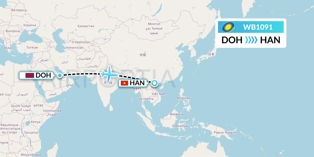 WB1091 RwandAir Flight Map: Doha to Hanoi