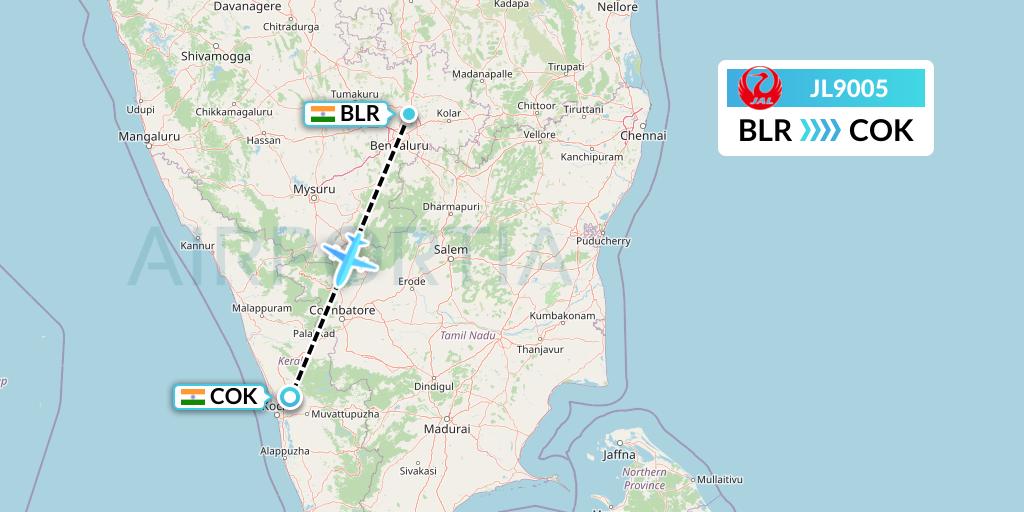 JL9005 Japan Airlines Flight Map: Bangalore to Cochin