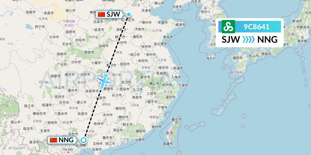 9C8641 Spring Airlines Flight Map: Shijiazhuang to Nanning