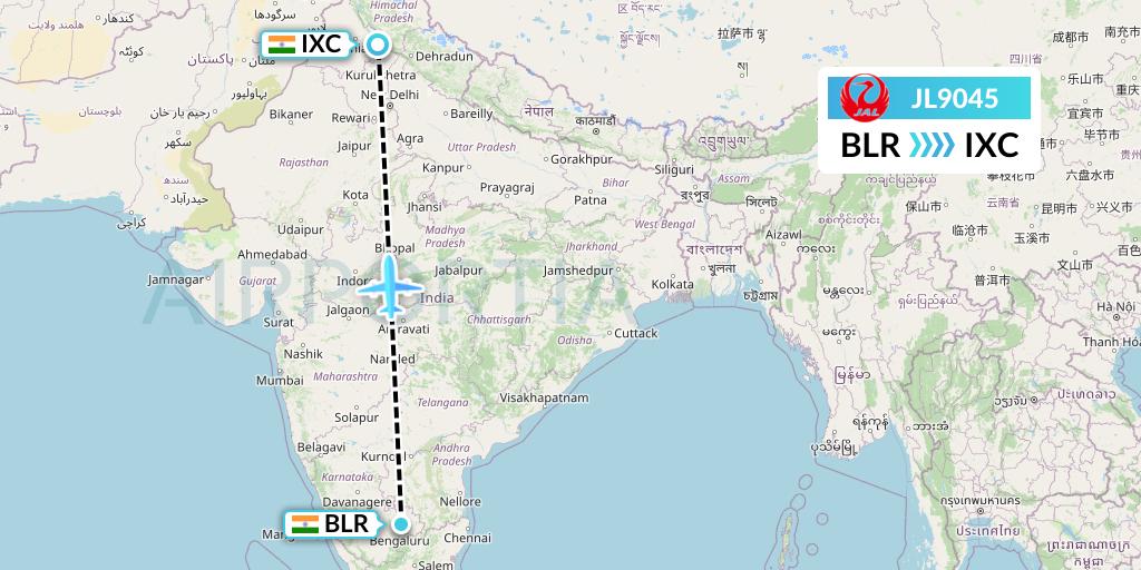 JL9045 Japan Airlines Flight Map: Bangalore to Chandigarh