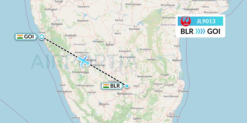 JL9013 Japan Airlines Flight Map: Bangalore to Goa