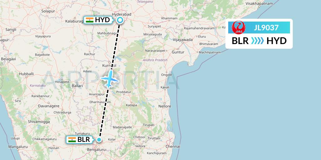 JL9037 Japan Airlines Flight Map: Bangalore to Hyderabad