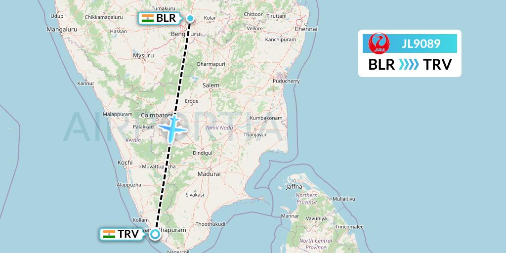 JL9089 Japan Airlines Flight Map: Bangalore to Thiruvananthapuram