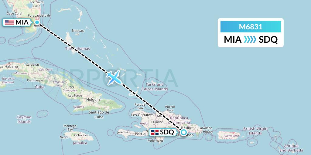 M6831 Amerijet International Flight Map: Miami to Santo Domingo