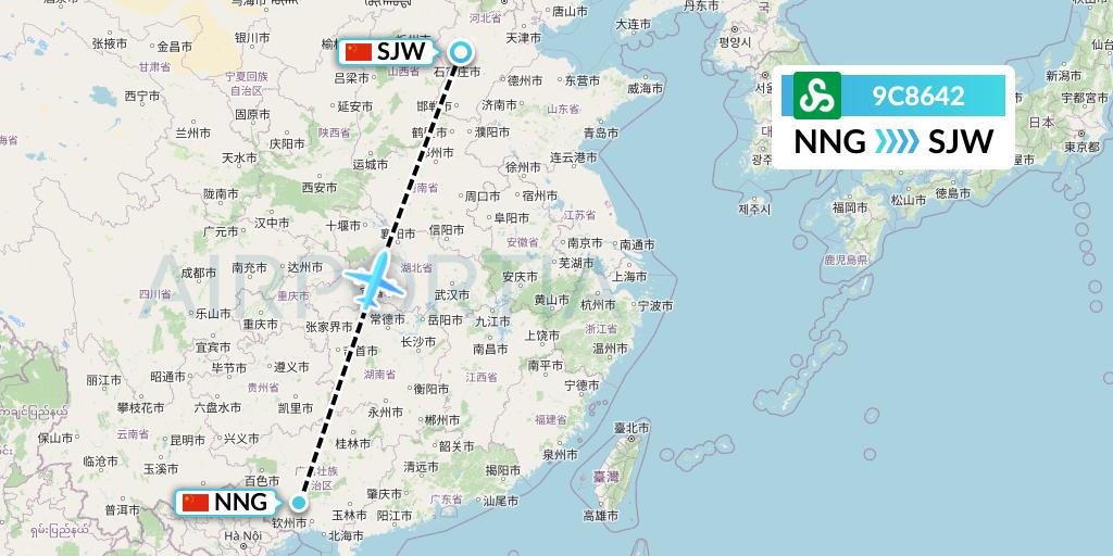 9C8642 Spring Airlines Flight Map: Nanning to Shijiazhuang